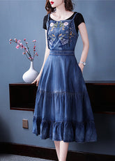 Vestidos de mezclilla de algodón con tirantes finos, bordados, volantes azules y corte entallado